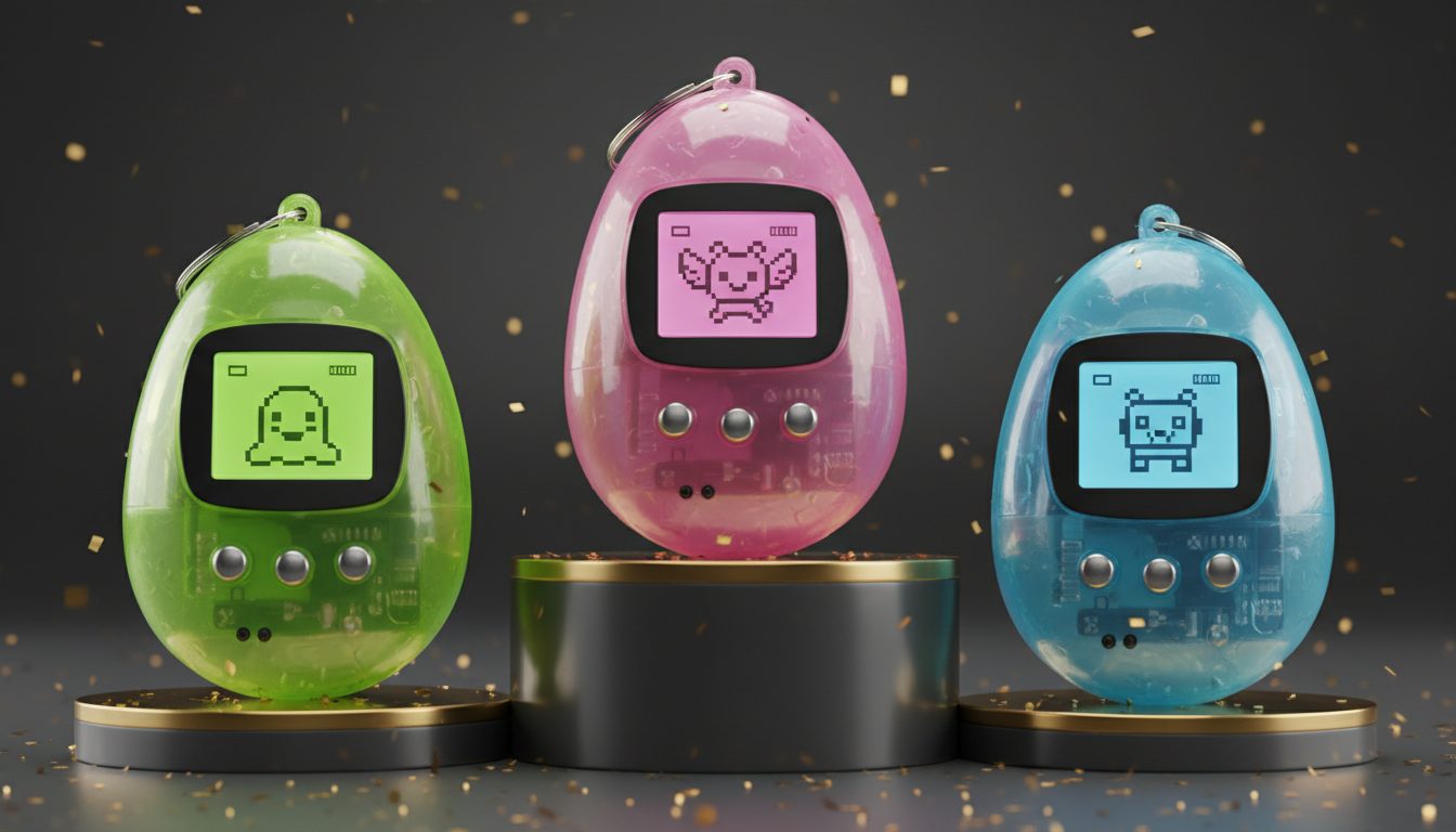 Three Yolk handhelds standing on a winners podium in gold confetti