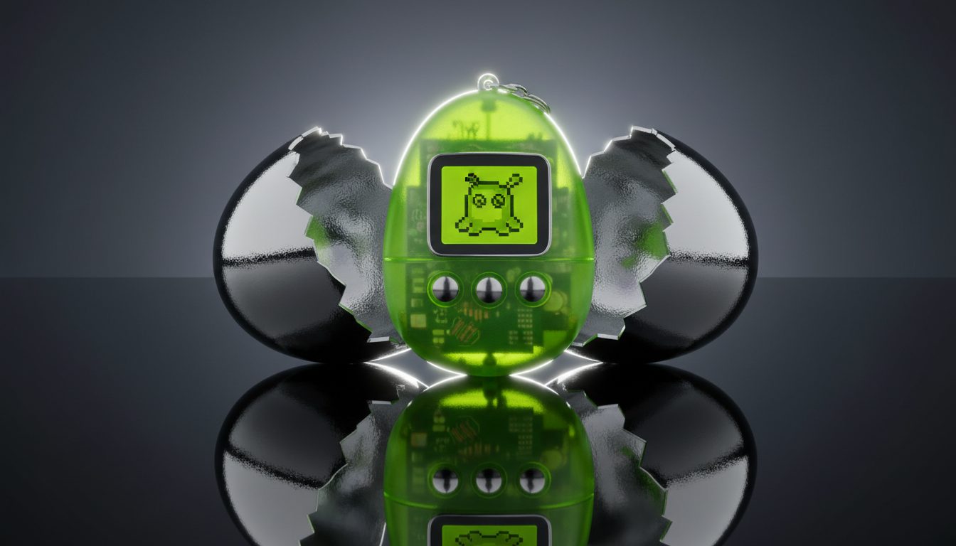 A lime Yolk handheld hatching out of a cracked chrome egg