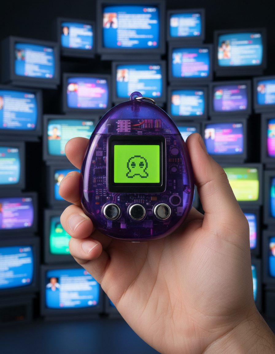 A purple Yolk handheld held up in front of a wall of glowing screens