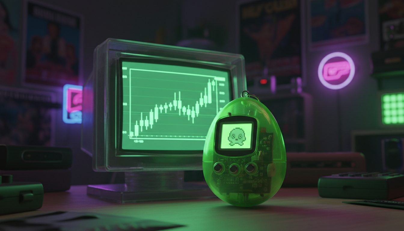A lime Yolk handheld on a desk next to a CRT monitor showing a green chart